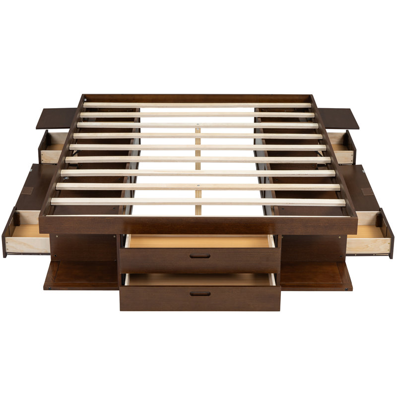 Structure de lit plateforme de rangement avec plusieurs tiroirs et tablettes sans sommier, Noyer, Grand lit