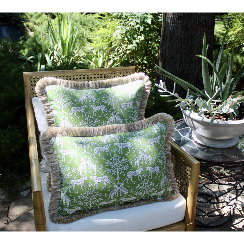 Fringed Sunbrella® Outdoor Throw Pillow, Kiwi Green/Green/White, Rectangular, 14" H x 20" W