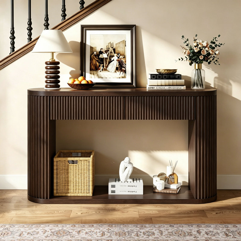 Console ovale cannelée avec 2 tiroirs et tablette inférieure, Espresso