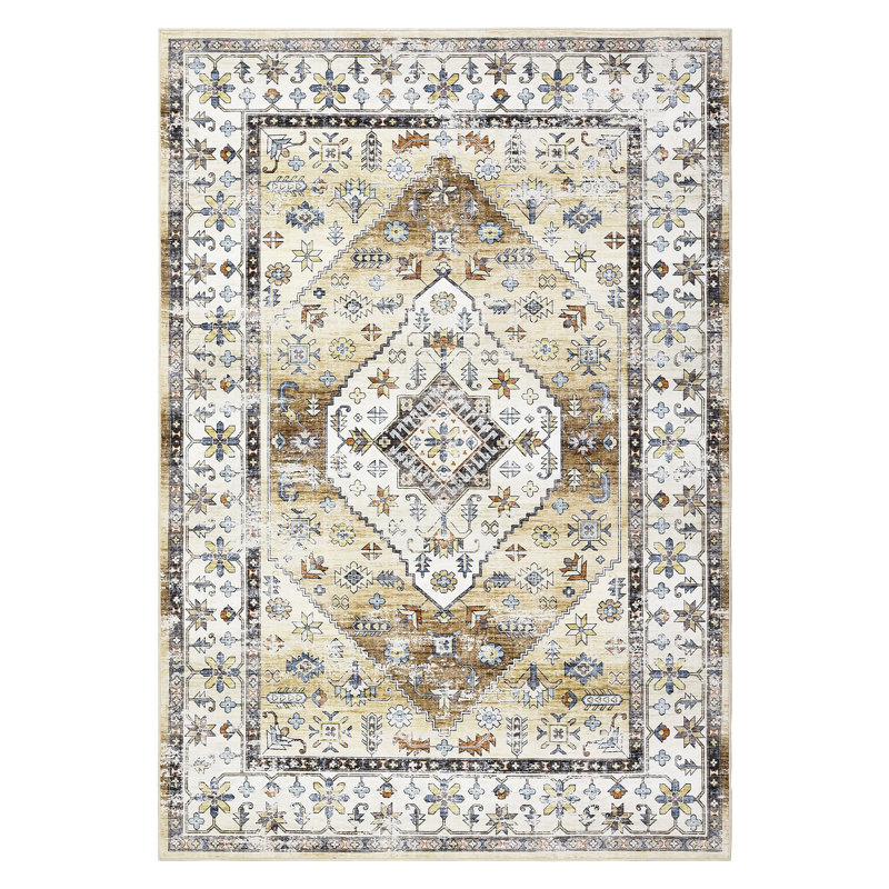 Oriental Machine Washable Area Rug with Rubber Backing for Living Room Non-Slip Indoor Carpet Low-Pile Rug for Bedroom Dining Room Hallway Kitchen Office Playroom Nursery