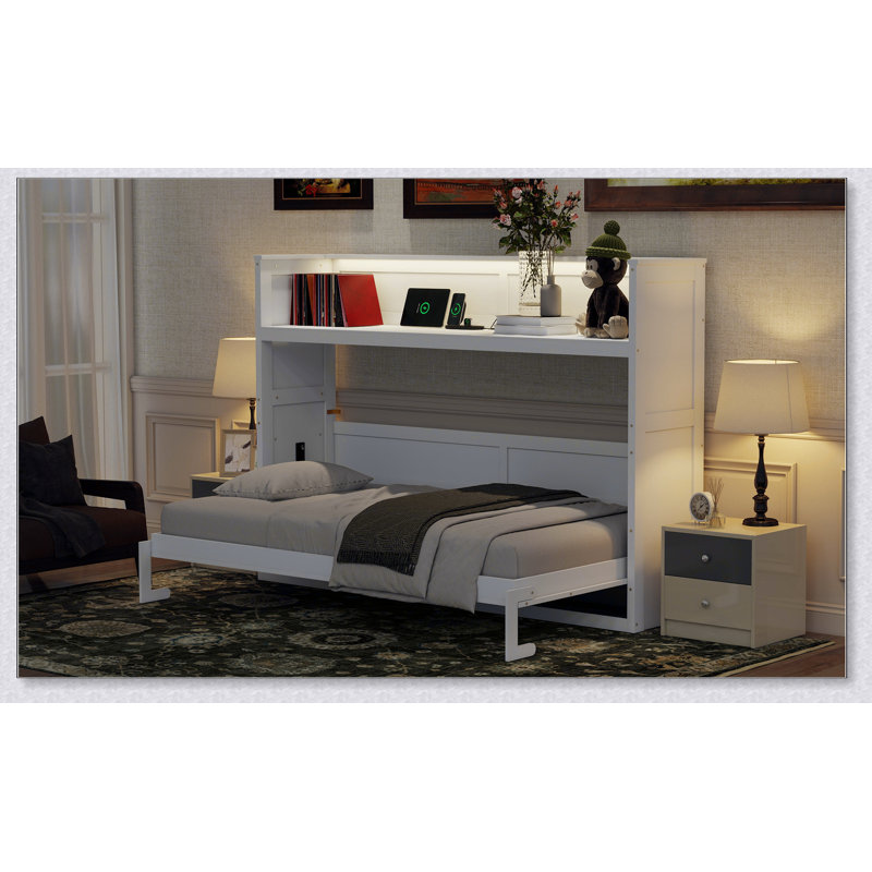 Lit simple simple TG avec bureau, lumière DEL et station de charge USB, blanc