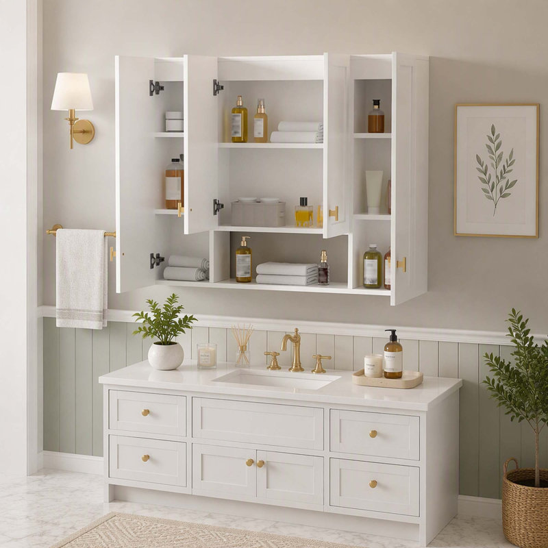 Meuble de salle de bain mural avec étagères réglables et pentures à fermeture en douceur, White(Style 1)