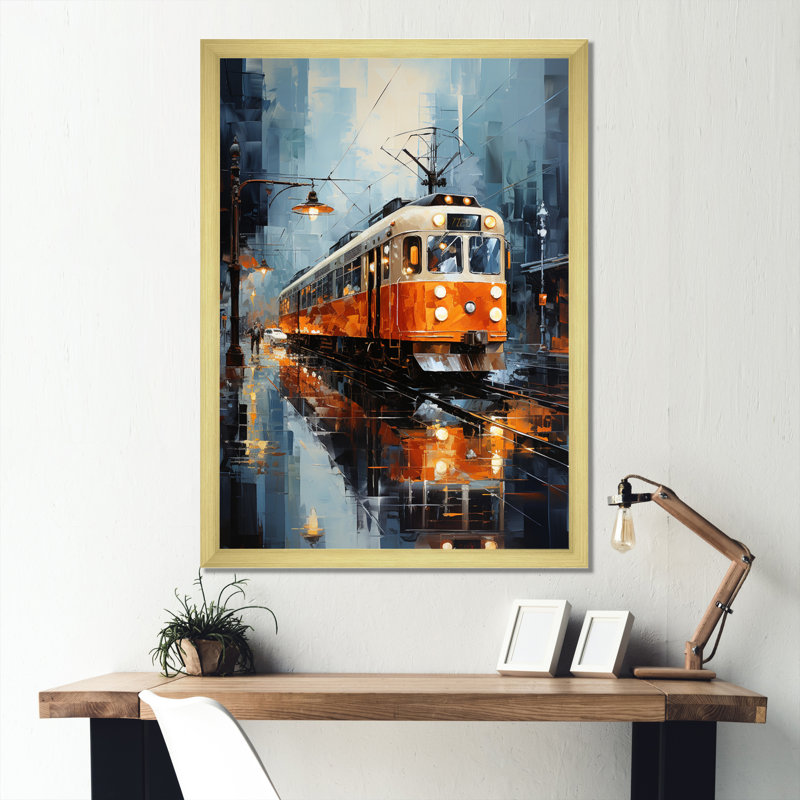 " Orange White Train Journey ", 20" H x 12" W x 1" D, Gold Picture Framed
