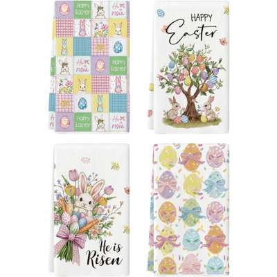Lapin, arbre, lapin, œufs, fleurs, carotte, joyeuses Pâques, printemps, cuisine, essuie-tout, vaisselle, décoration d'été, ensemble de 4