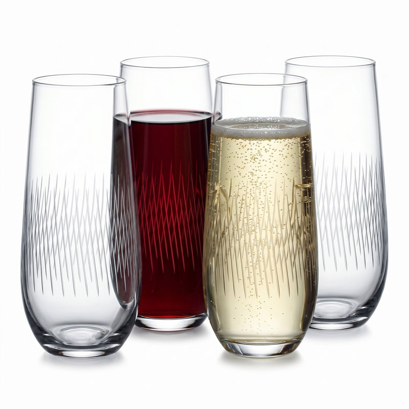 4-Piece Stemless Etched Champagne Drinking Wine Glasses