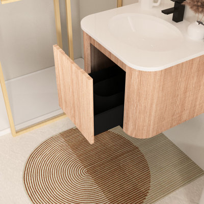 Ensemble de meuble-lavabo mural 24 po, conception incurvée, texture grain de bois, lavabo intégré, tiroir à fermeture en douceur pour l'organisation des articles de toilette avec finition à texture de vague moderne, pré de marbre de culture