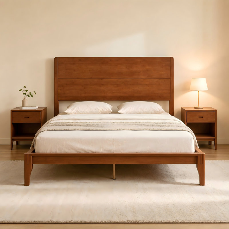 Mid-Century Modern Bamboo Platform Bed - No Box Spring Needed, Wood Slat Metal Support, Easy Assembly, Brown, Full