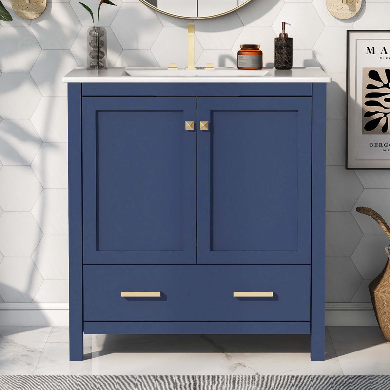 Simpert 30'' Single Bathroom Vanity with Solid + Manufactured Wood Top, Blue