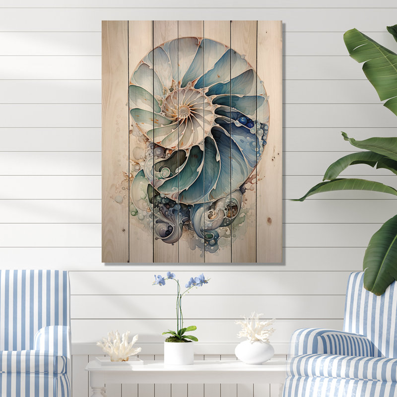 «Nautilus Ocean Blue Sheels Symetry», reproduction d'animaux sur bois de pin naturel, H 32 po x l 24 po x P 0,78 po
