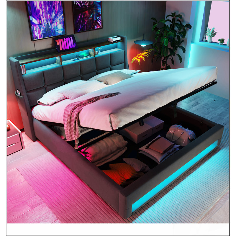 Upholstered Platform bed with a Hydraulic Storage System, LED and USB Charging, Grey, Full/Double