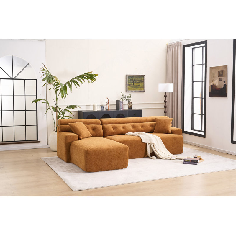 Canapé modulaire convertible en méridienne, canapé modulaire en éponge à compression complète pour le salon en appartement, 3 places avec chenille grain de bois, 2 coussins inclus