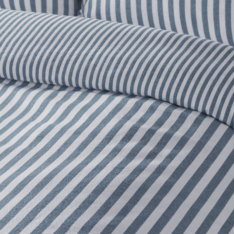 Brushed Stripe Cotton Reversible Duvet Cover Set, Blue, Double Duvet Cover + 2 Standard Pillowcases