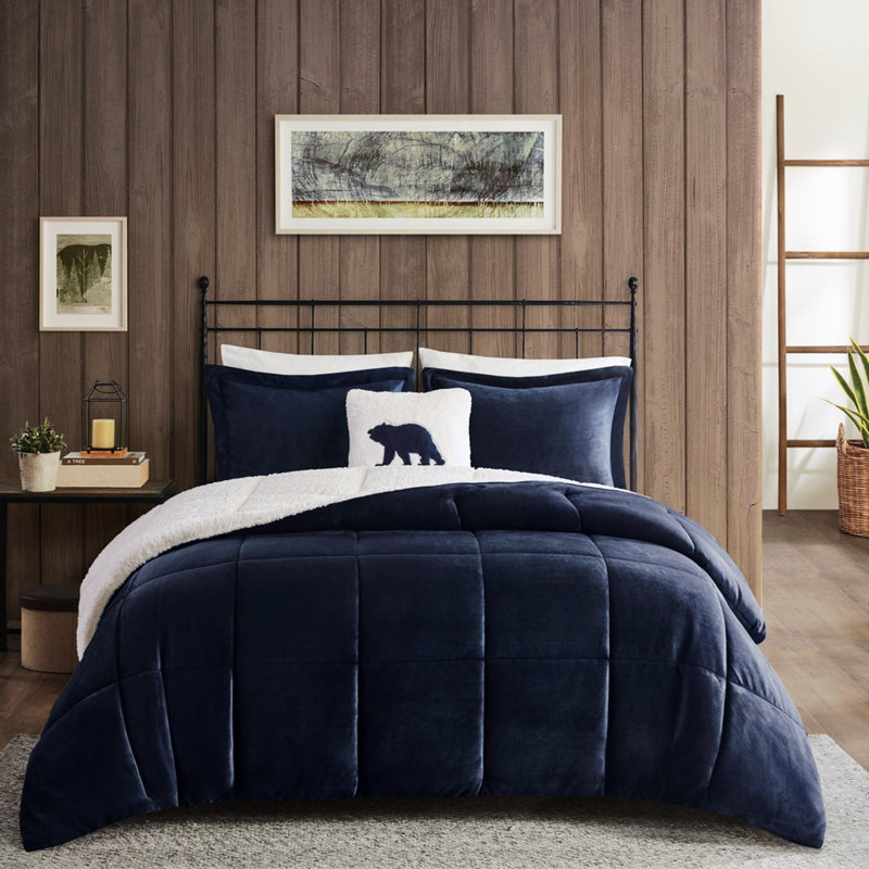 Édredon double / grand - bleu marine +, à, rembourrage en duvet synthétique, 2 taies décoratives et 1 coussin décoratif