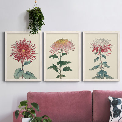 «Chrysanthemum Woodblock I», ensemble de 3 peintures sur toile encadrées