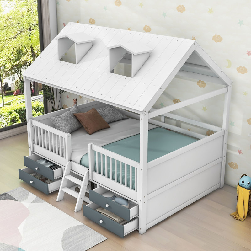 Milinocket Wood Loft Bed With 4 Drawers And Roof, Full, White