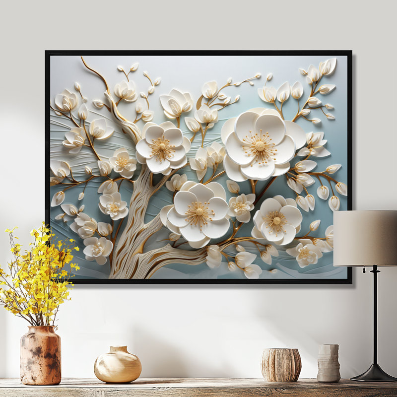 White Orchid Tree Garden Of Branches 9 - Abstract Floral Wall Art, Black Floater Frame, 24" H x 32" W x 1" D