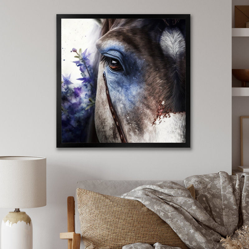 «Brown Portrait Donkey with Owers II», impression sur toile, Cadre photo noir, H 16 po x l 16 po x P 1 po