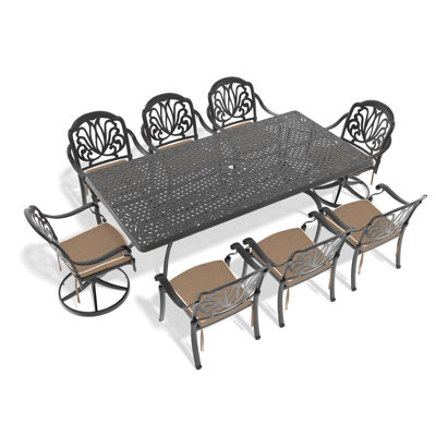 Ensemble de salle à manger 9 pièces en fonte d'aluminium toutes saisons comprenant 2 chaises pivotantes, 6 chaises et une table rectangulaire avec cadre noir