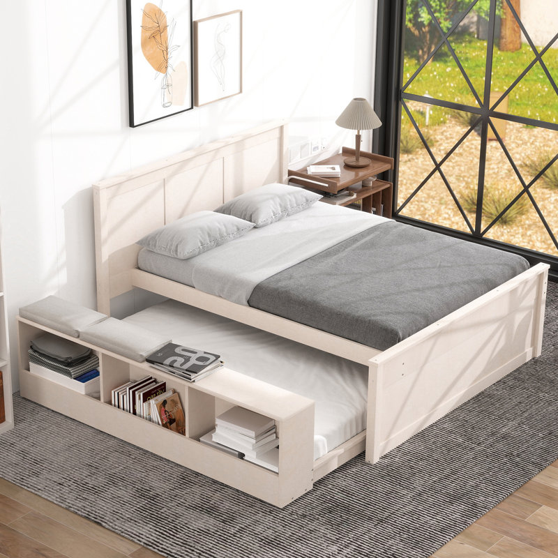 Lit plateforme en bois avec lit gigogne escamotable, Blanc, Lit double