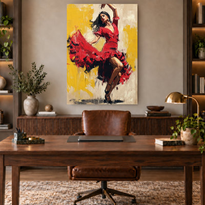 Red Dress Flamenco Dancer Expressive Canvas Wall Art