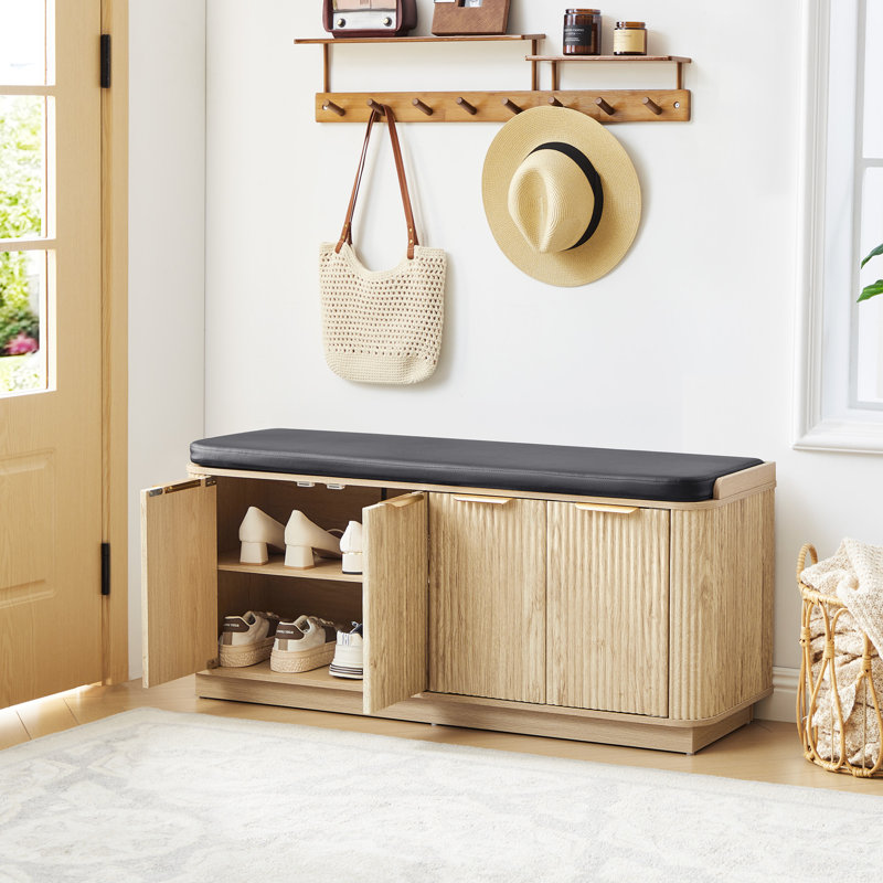Banc de rangement pour 8 paires de chaussures rembourrées avec 2 armoires, Naturel