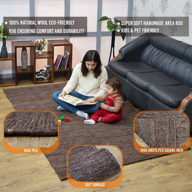 Tapis Heller noué à la main en jute Sumak écologique - 91 x 152 cm, rectangulaire, brun clair, motif uni, poils longs, fibre naturelle, intérieur/extérieur