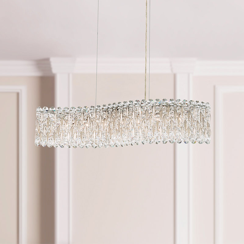 Sarella 7 Light 33in Linear Chandelier in Polished Stainless Steel with Clear Radiance Crystals, Antique Silver, Czech