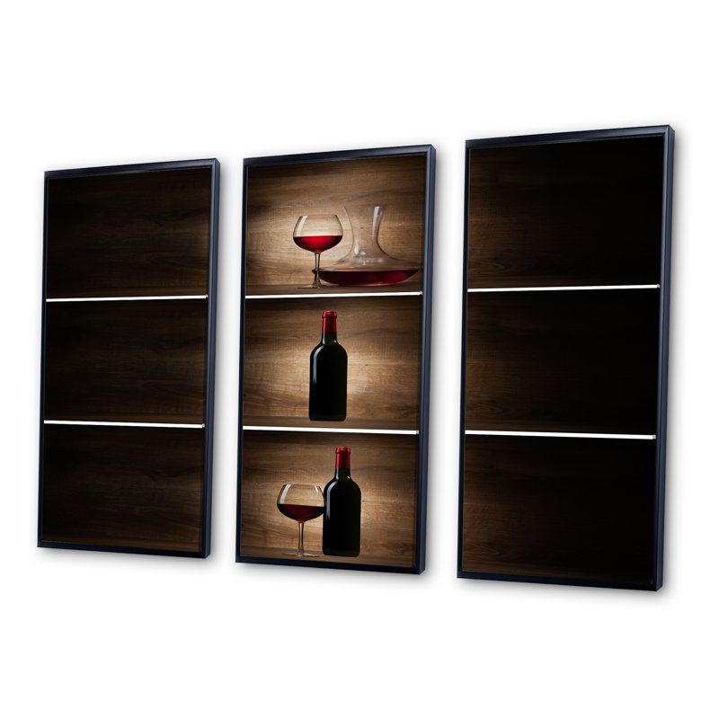 Bouteille verte avec vin rouge et verre - ensemble d'art mural sur toile, Noir, H 28 po x l 36 po x P 1 po