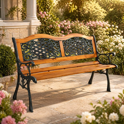 Banc de jardin en fonte de 124 cm (49 po), lattes en bois dur résistantes aux intempéries