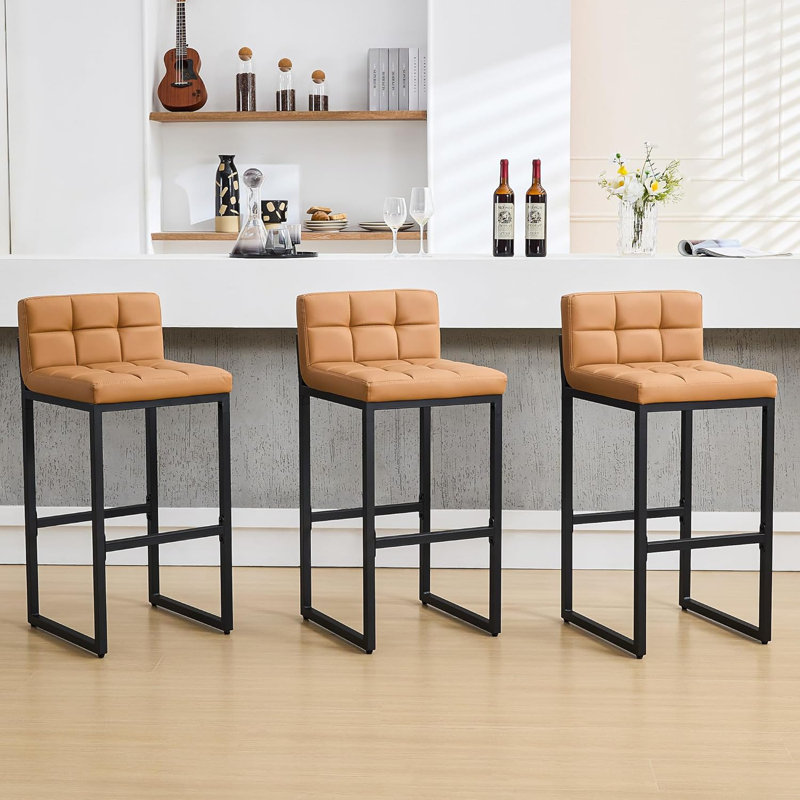 Tabouret de bar rembourré à dossier bas avec structure en métal épaissie pour îlot de cuisine, 3, Tanné