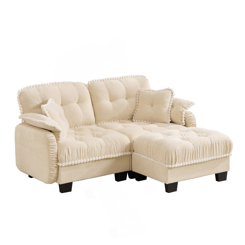 Canapé en L Chenille avec repose-pieds mobile et coussins capitonnés, Chenille beige