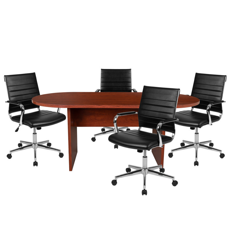 Ensemble de table de conférence ovale 5 pièces avec 4 fauteuils de direction côtelés LeatherSoft, Rouge