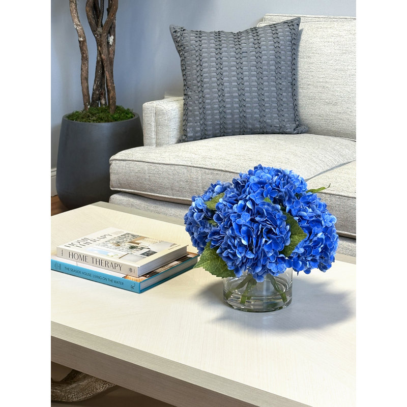 Real Touch Hydrangea Floral Arrangement in a Glass Vase, Blue