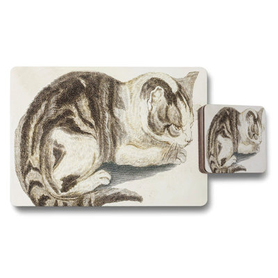 Vintage Cat Illustration Placemat and Coaster Set for Dining Table