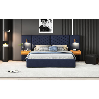 Lit confortable grand format - Revêtement en velours, accent bleu rétro moderne avec tête de lit verticale à l'ombre