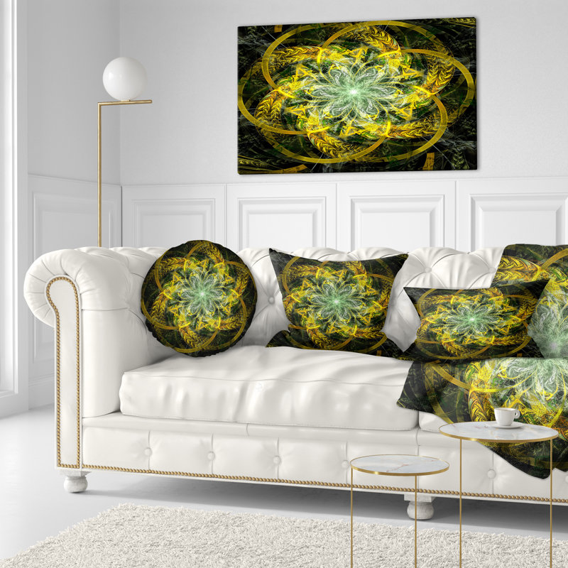 Jaune et vert fleur fractale - coussin imprimé abstrait