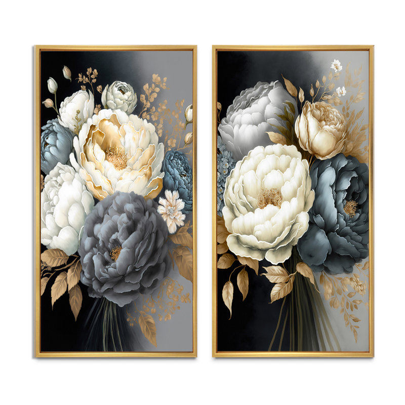 Bouquet de pivoines blanches, bleues et grises - ensemble de 2 pièces, Encadrement brun, H 32 po x l 32 po