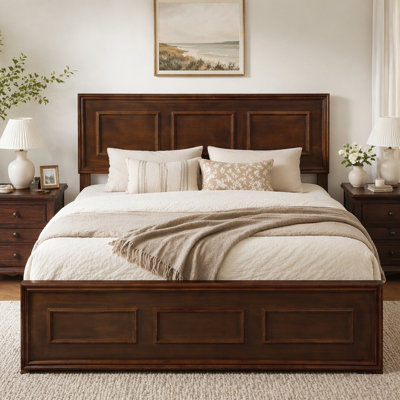 Full Size Bed With Adjustable Height Headboard, Pine Wood Bed With Strengthened Bed Frame