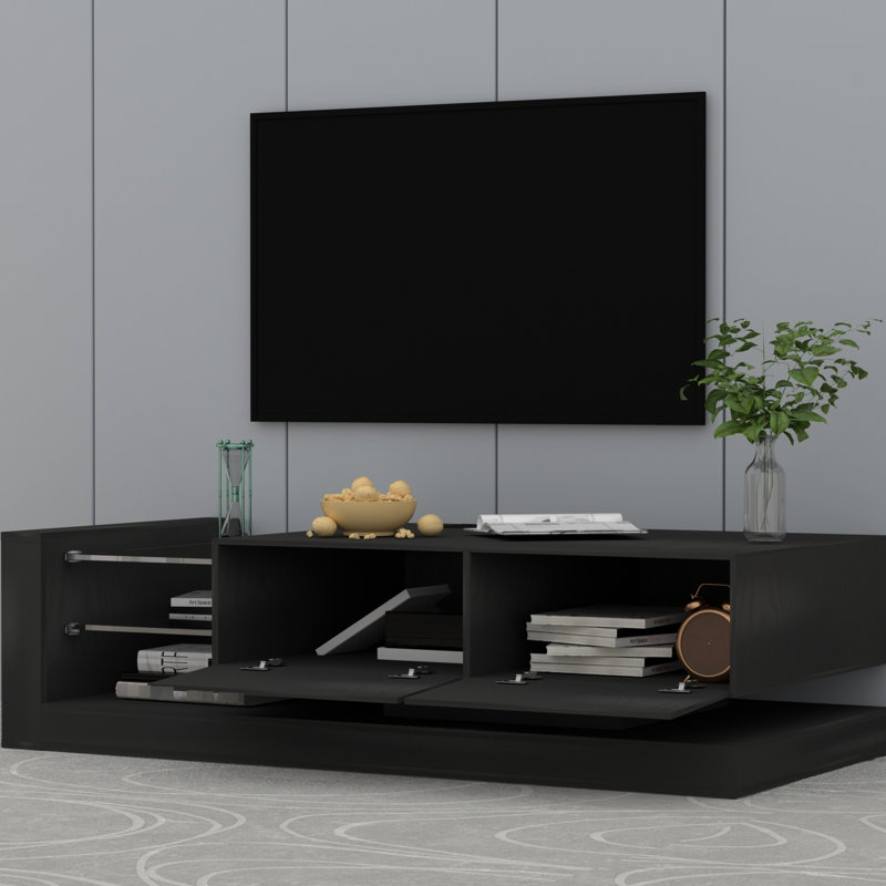 Meuble télé à DEL avec 90% d'espace de rangement, télécommande blanche moderne et lumières contrôlées, Noir