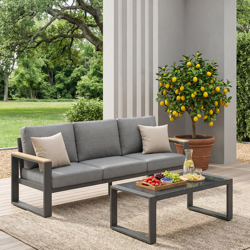     Ensemble de mobilier d'extérieur tout aluminium pour tous les temps, ensemble de mobilier de patio pour 3 personnes avec accoudoirs en bois pour un toucher doux pour la peau, ensemble de conversation de patio 2 pièces avec coussins amovibles
