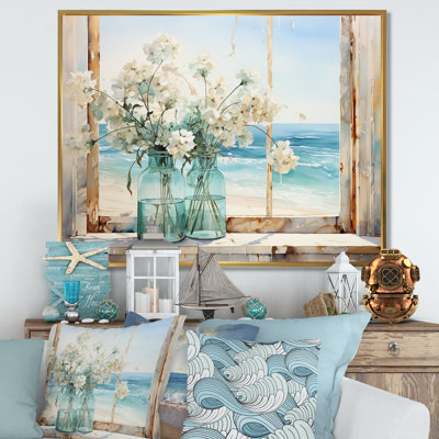 Blue Window Beachfront View Blooms I - Coastal Windows Wall Art
