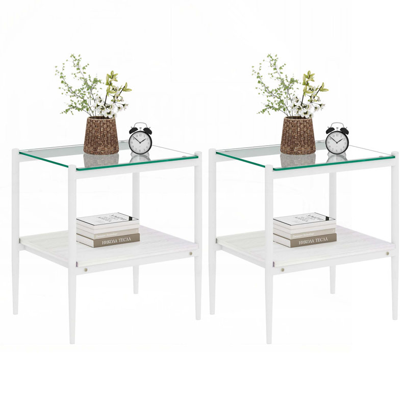 Ensemble de tables basses avec plateau en verre trempé, pieds blancs