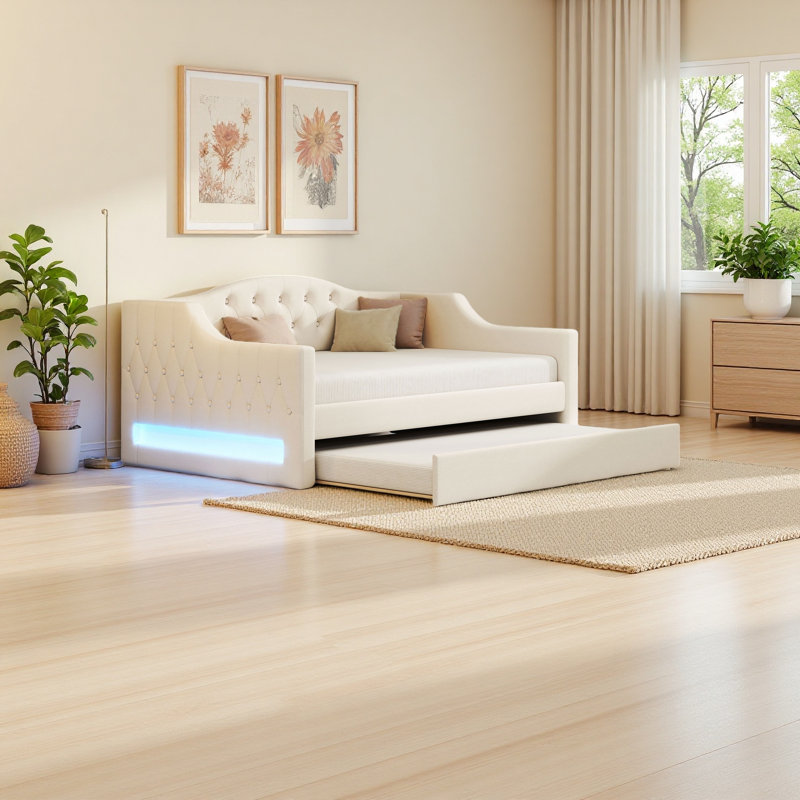 Upholstered Full XL Size Daybed With LED Belt And Trundle, Beige