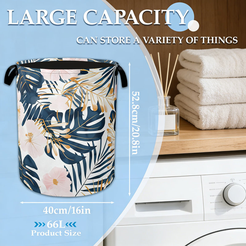 Collapsible Laundry Hamper Basket With Palm Leaves Design, Large Capacity Storage Bin For Clothes, Toys, And Home Organization