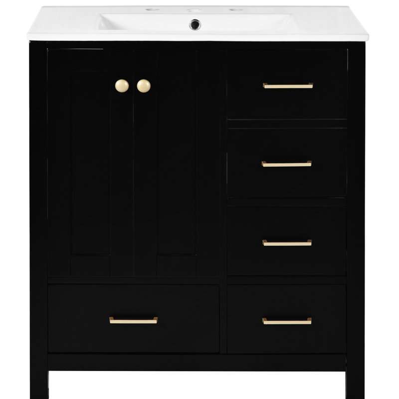 Meuble-lavabo noir 30 po avec lavabo en céramique. Bois massif et bois massif Portes à 4 tiroirs à fermeture en douceur. Vaste espace de rangement. Design rétro. Structure moderne facile à assembler, planches fines. Rangement abondant. Exquis