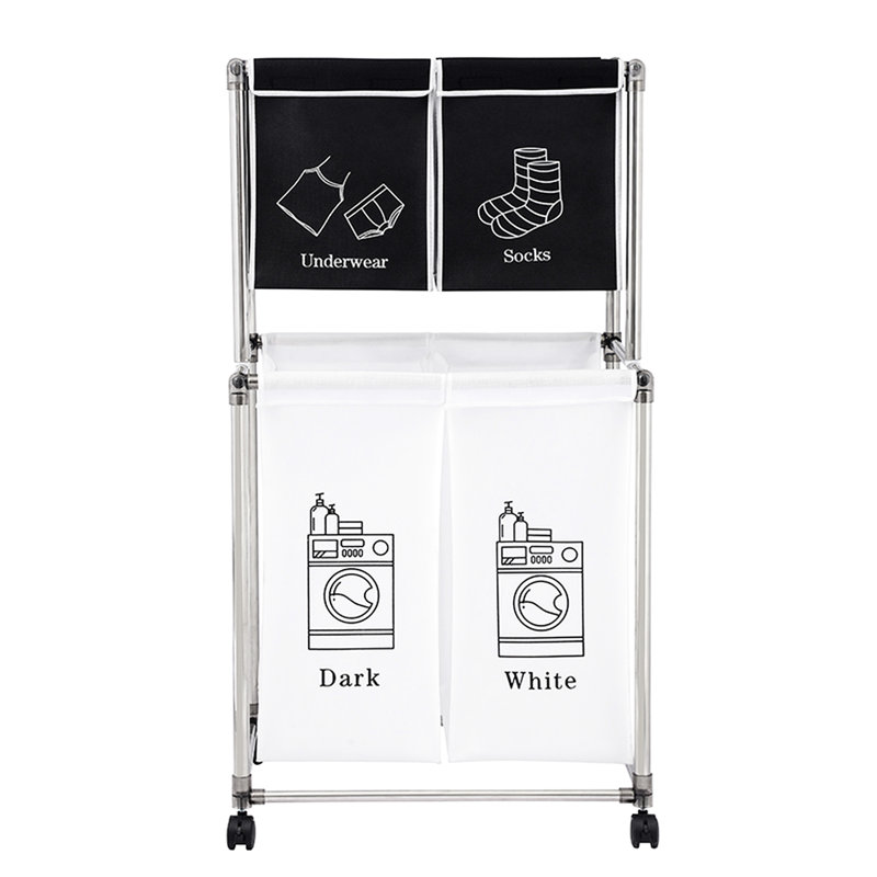 Laundry Basket With 4 Removable Bags, 2 Tier Structure, Four Wheels, Strong Frame, Sort Attire By Various Shades Garments Color