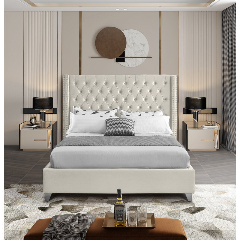 Joclynn Upholstered Bed, Full, Cream Velvet, Chrome