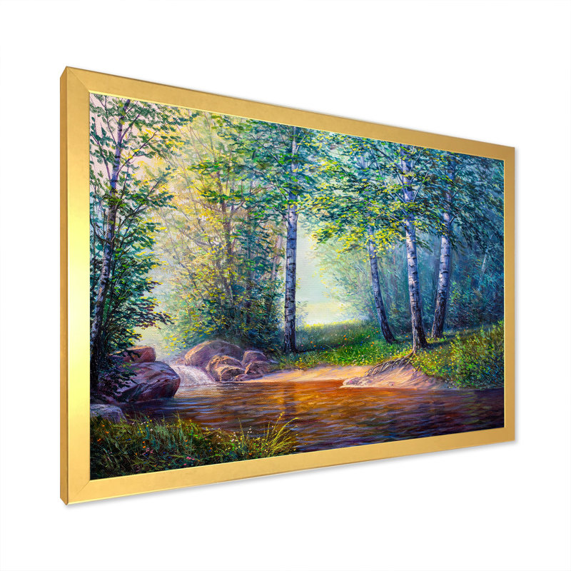 «Summer Scenery Of A Forest River II», art mural traditionnel sur toile, H 12 po x l 20 po x P 1 po, Encadrement doré