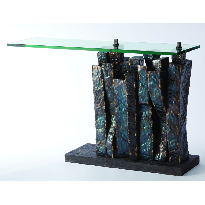 Brutalist Brass Braised Metal & Glass Console Table