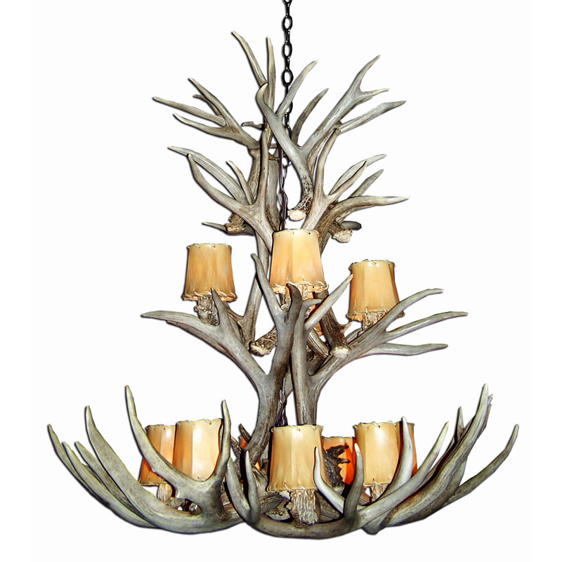 Lustre à plusieurs niveaux 9 lumières de style bougie antler mule cerf cascade Doliya, Cuir brut, Oui